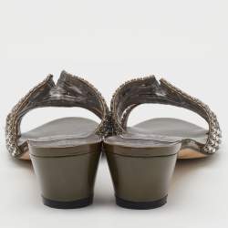 Pre Owned Gina Grey Leather Galaxy Crystals Slide Sandals Size 38