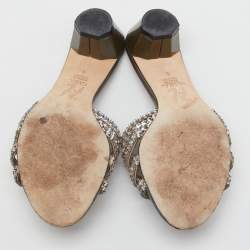 Pre Owned Gina Grey Leather Galaxy Crystals Slide Sandals Size 38