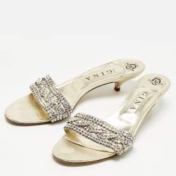 Pre Owned Gina Gold Leather Crystals Embellished Sain Slide Sandals Size 41