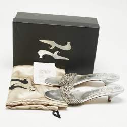 Pre Owned Gina Silver Leather Crystal Embellished  Sain Slide Sandals Size 39.5