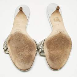 Pre Owned Gina Silver Leather Crystal Embellished  Sain Slide Sandals Size 39.5