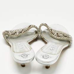 Pre Owned Gina Silver Leather Crystal Embellished  Sain Slide Sandals Size 39.5