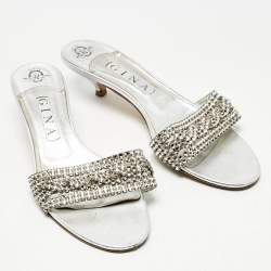 Pre Owned Gina Silver Leather Crystal Embellished  Sain Slide Sandals Size 39.5