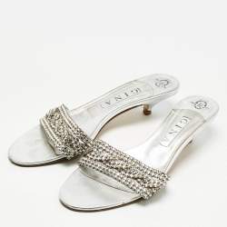 Pre Owned Gina Silver Leather Crystal Embellished  Sain Slide Sandals Size 39.5