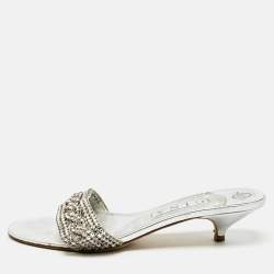 Pre Owned Gina Silver Leather Crystal Embellished  Sain Slide Sandals Size 39.5