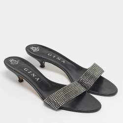Pre Owned Gina Black/Silver Leather Crystal Embellished Slide Sandals Size 40