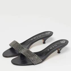 Pre Owned Gina Black/Silver Leather Crystal Embellished Slide Sandals Size 40