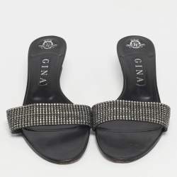 Pre Owned Gina Black/Silver Leather Crystal Embellished Slide Sandals Size 40