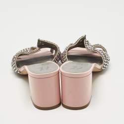 مملوكة مسبقًا Gina Pink Leather Crystal Embellish Arizona Slide Sandals Size 38.5