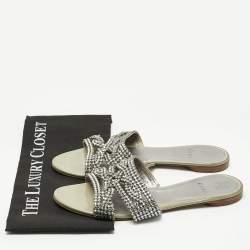 Pre Owned Gina Silver Leather Crystal Embellished Loren Flat Slides Size 41.5