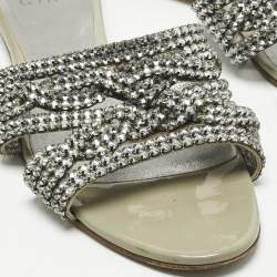 Pre Owned Gina Silver Leather Crystal Embellished Loren Flat Slides Size 41.5