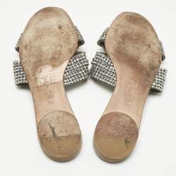 Pre Owned Gina Silver Leather Crystal Embellished Loren Flat Slides Size 41.5