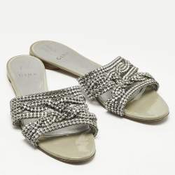 Pre Owned Gina Silver Leather Crystal Embellished Loren Flat Slides Size 41.5