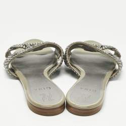 Pre Owned Gina Silver Leather Crystal Embellished Loren Flat Slides Size 41.5