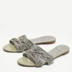 Pre Owned Gina Silver Leather Crystal Embellished Loren Flat Slides Size 41.5