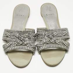 Pre Owned Gina Silver Leather Crystal Embellished Loren Flat Slides Size 41.5