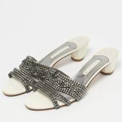 Pre Owned Gina Cream Patent Leather Crystal Embellished Slides Sandals Size 41.5