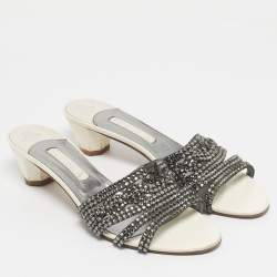 Pre Owned Gina Cream Patent Leather Crystal Embellished Slides Sandals Size 41.5