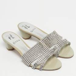 Pre Owned Gina Grey Leather Galaxy Crystals Slide Sandals Size 37