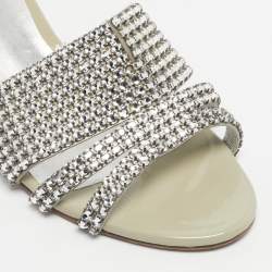 Pre Owned Gina Grey Leather Galaxy Crystals Slide Sandals Size 37