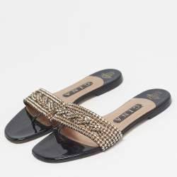Pre Owned Gina Black Leather Crystal Embellished Leather Flat Slides Size 37.5