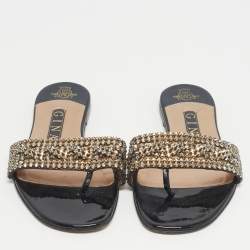 Pre Owned Gina Black Leather Crystal Embellished Leather Flat Slides Size 37.5