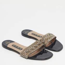 Pre Owned Gina Black Leather Crystal Embellished Leather Flat Slides Size 37.5