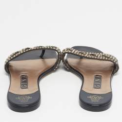 Pre Owned Gina Black Leather Crystal Embellished Leather Flat Slides Size 37.5