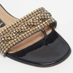 Pre Owned Gina Black Leather Crystal Embellished Leather Flat Slides Size 37.5