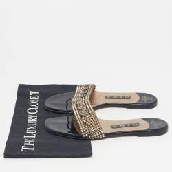 Pre Owned Gina Black Leather Crystal Embellished Leather Flat Slides Size 37.5