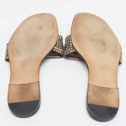 Pre Owned Gina Black Leather Crystal Embellished Leather Flat Slides Size 37.5