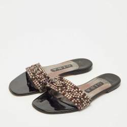 Pre Owned Gina Silver Leather Crystal Embellished Aurora Thong Flat Slides Size 37.5