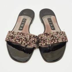 Pre Owned Gina Silver Leather Crystal Embellished Aurora Thong Flat Slides Size 37.5
