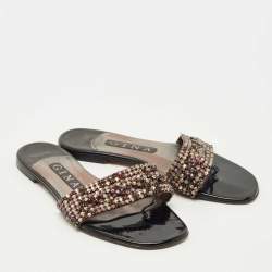Pre Owned Gina Silver Leather Crystal Embellished Aurora Thong Flat Slides Size 37.5
