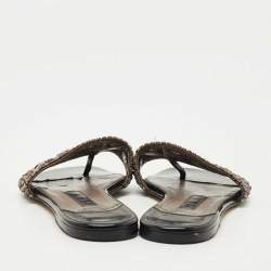 Pre Owned Gina Silver Leather Crystal Embellished Aurora Thong Flat Slides Size 37.5