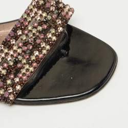 Pre Owned Gina Silver Leather Crystal Embellished Aurora Thong Flat Slides Size 37.5