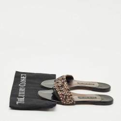 Pre Owned Gina Silver Leather Crystal Embellished Aurora Thong Flat Slides Size 37.5