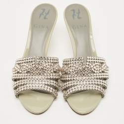 Pre Owned Gina Grey Patent Leather Crystal Embellished Slide Sandals Size 36.5