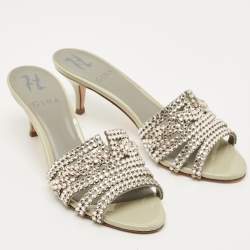 Pre Owned Gina Grey Patent Leather Crystal Embellished Slide Sandals Size 36.5