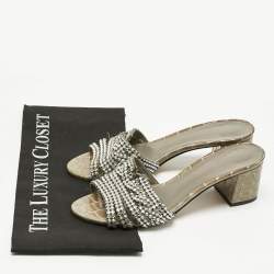 Pre Owned Gina Green Croc Patent Leather Crystal Embellished Slides Sandals Size 38.5