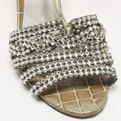 Pre Owned Gina Green Croc Patent Leather Crystal Embellished Slides Sandals Size 38.5