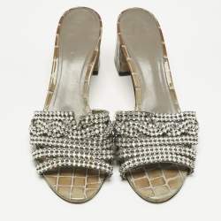 Pre Owned Gina Green Croc Patent Leather Crystal Embellished Slides Sandals Size 38.5