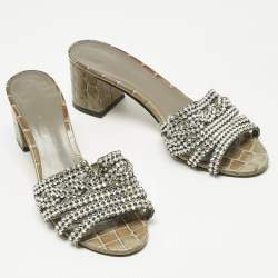 Pre Owned Gina Green Croc Patent Leather Crystal Embellished Slides Sandals Size 38.5