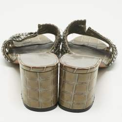 Pre Owned Gina Green Croc Patent Leather Crystal Embellished Slides Sandals Size 38.5