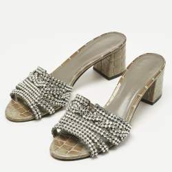 Pre Owned Gina Green Croc Patent Leather Crystal Embellished Slides Sandals Size 38.5