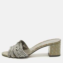 Pre Owned Gina Green Croc Patent Leather Crystal Embellished Slides Sandals Size 38.5