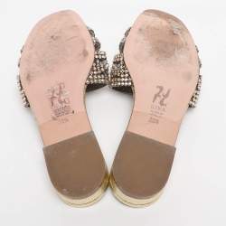 Pre Owned Gina Gold Leather Crystal Embellished Flat Slide Sandals Size 38.5