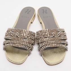 Pre Owned Gina Gold Leather Crystal Embellished Flat Slide Sandals Size 38.5