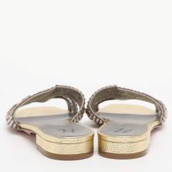 Pre Owned Gina Gold Leather Crystal Embellished Flat Slide Sandals Size 38.5