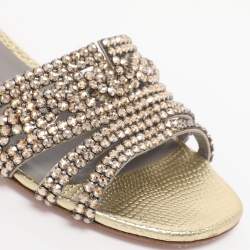 Pre Owned Gina Gold Leather Crystal Embellished Flat Slide Sandals Size 38.5